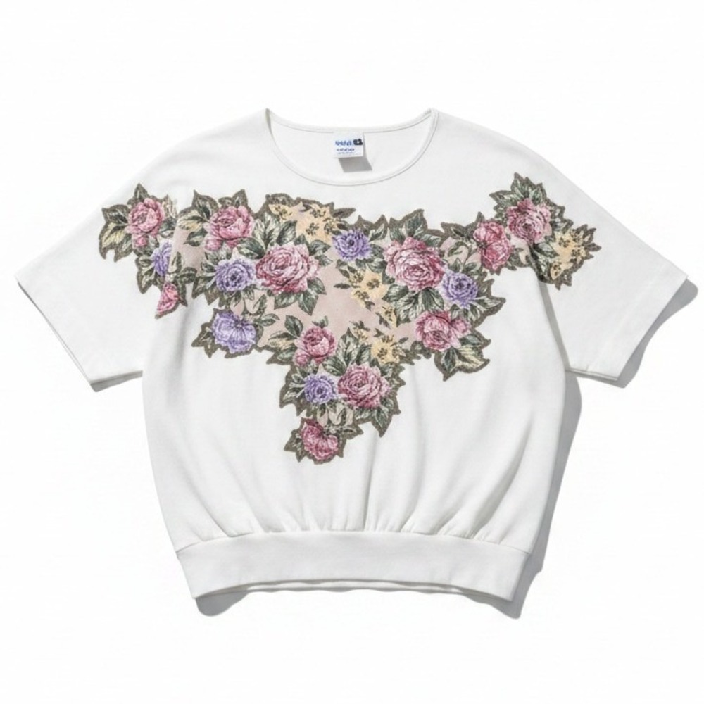 Teddi Sport Vintage Floral Graphic Sweatshirt, White Short Sleeve Banded Hem